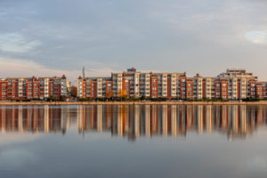 Morning mood, large harbor, houses on Bontekai, Wilhelmshaven, Lower Saxony, Morning mood, large harbor, houses on Bontekai, Wilhelmshaven, Lower Saxony,